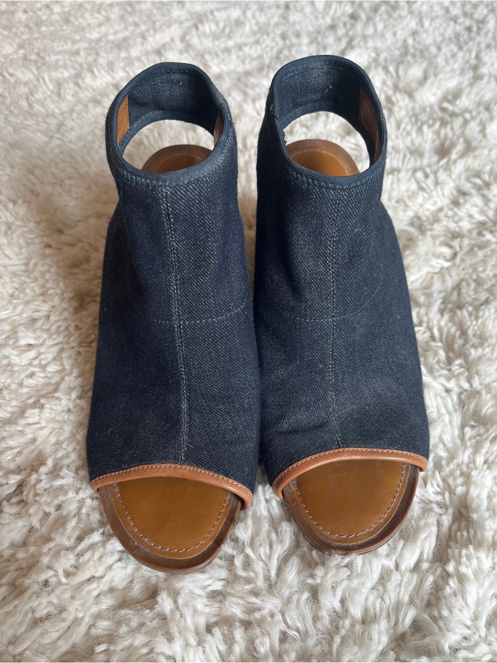 Franco Sarto Dark Blue Denim Open-Toe Mules with Brown Trim